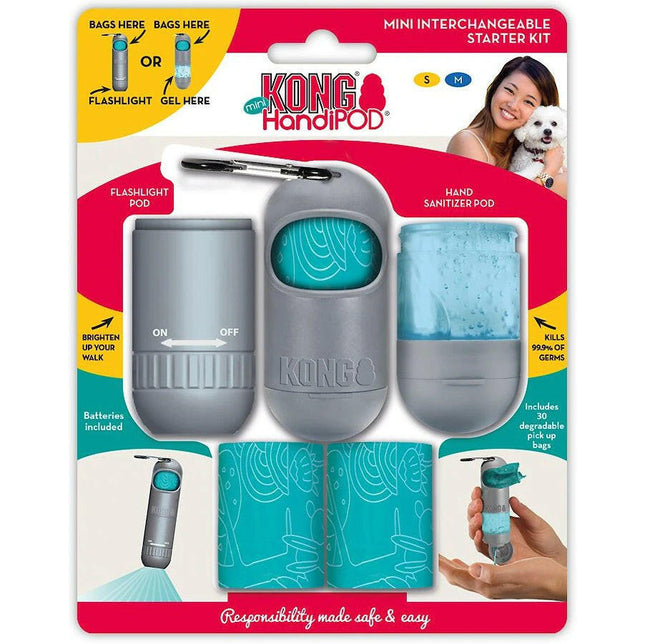 KONG Mini HandiPOD Interchangeable Starter Kit - dog waste bag dispenser set with disinfectant liquid and flashlight.