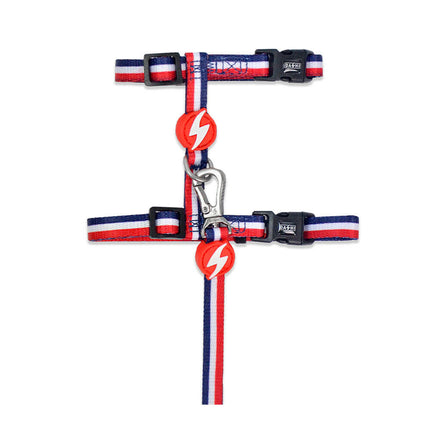 Dashi Stripes Red & Blue Cat Harness + Leash - cat harness and leash set, red and blue stripes.