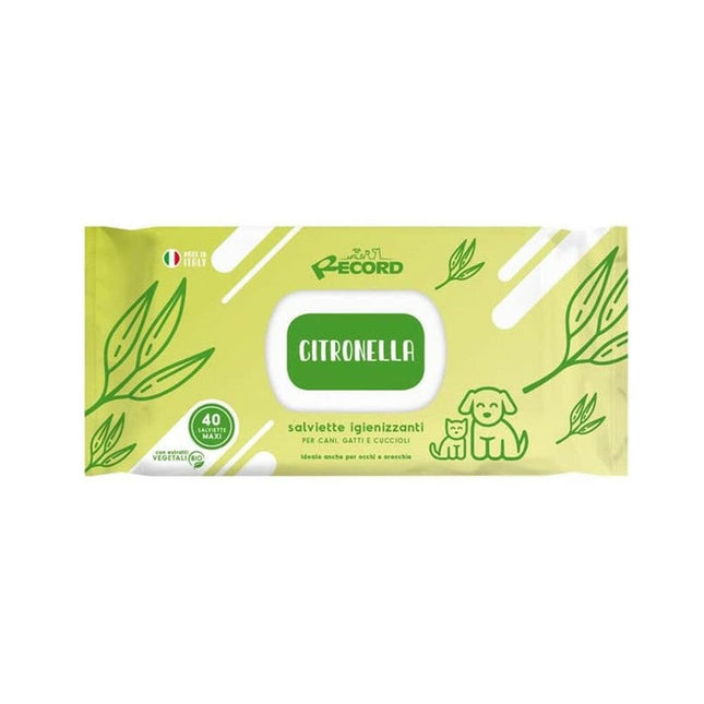Record Citronella Wipes 40 pcs - universal wipes for cleaning the fur, eyes, and ears of dogs and cats, with a lemon grass scent.
