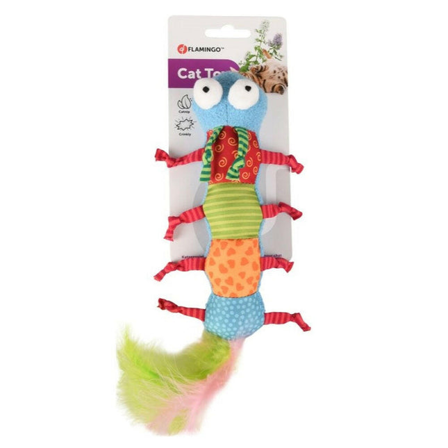 Flamingo Cat Yowly Caterpillar - long toy for cats, plush caterpillar with feathers and catnip.