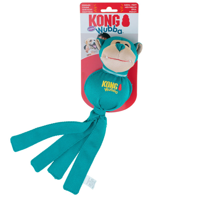 KONG Wubba Friends Ballistic Monkey - dog tug toy with tails, ball inside, and squeaker.
