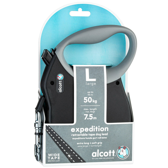 Alcott Expedition Retractable Leash 7.5m Black - long automatic leash for dogs, black.