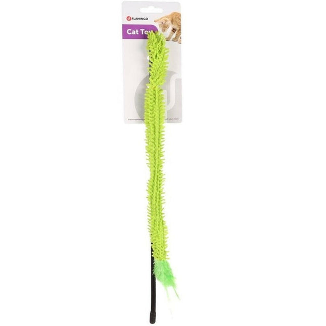 Flamingo Cat Dangler Terry - cat wand with a mop-like ribbon and feathers.