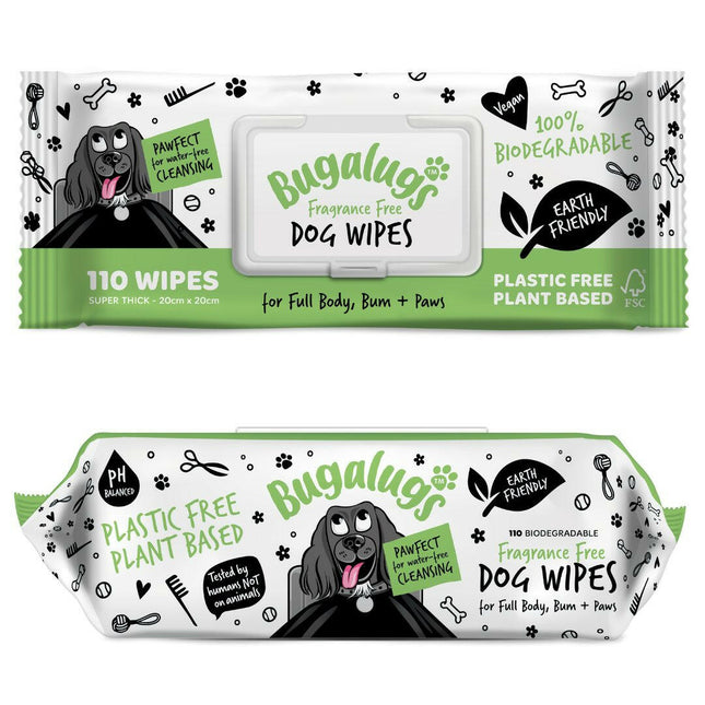 Bugalugs Fragrance-Free Dog Wipes 110 pcs - unscented moisturizing wipes for dogs, biodegradable.
