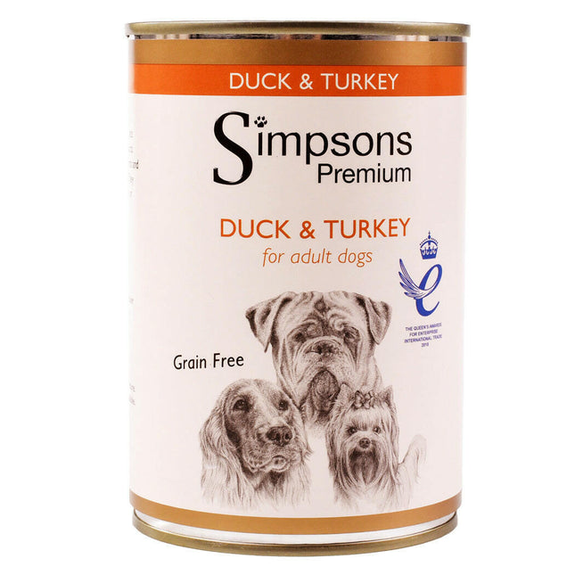 Simpsons Premium Duck & Turkey Casserole - wet dog food, duck, turkey, and vegetables, grain-free.