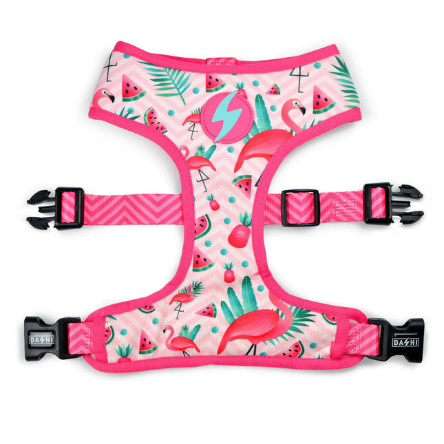 Dashi Flamingo Neo Mesh Harness - no-pull, reversible dog harness made of neoprene, flamingo pattern.