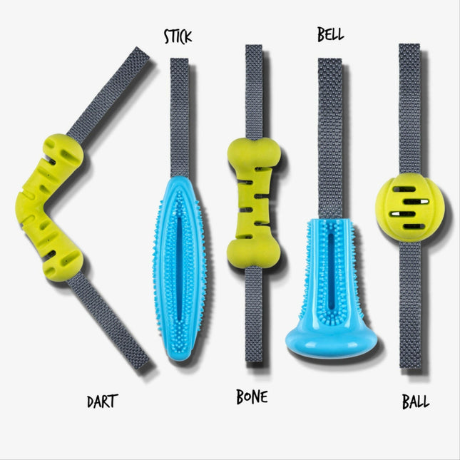 Nuzzle Puzzle Fling N Forage Bell - rubber toy for dogs with a handle for fetching and tugging, bell for treats.