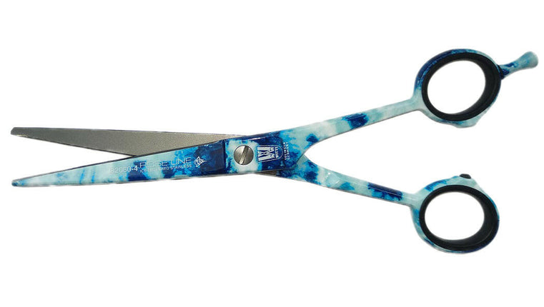 White Line Batik - straight hairdressing scissors with colorful print.