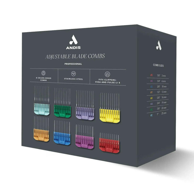 Andis Adjustable Blade Combs Set - distance comb attachments for Andis Vida/Pulse Li - 5, 5-in-1 blades, 8 pieces.