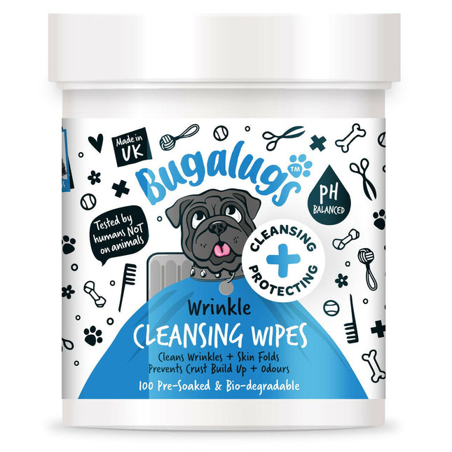Bugalugs Wrinkle Cleansing Wipes 100 pcs - biodegradable wipes for dog and cat skin folds.