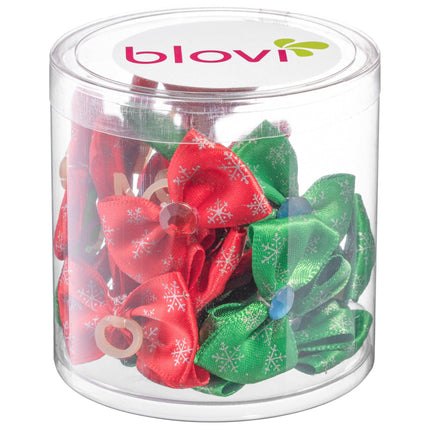 Blovi Christmas Bows Snowflake 25 pcs - red and green holiday bows for dogs, snowflake pattern.