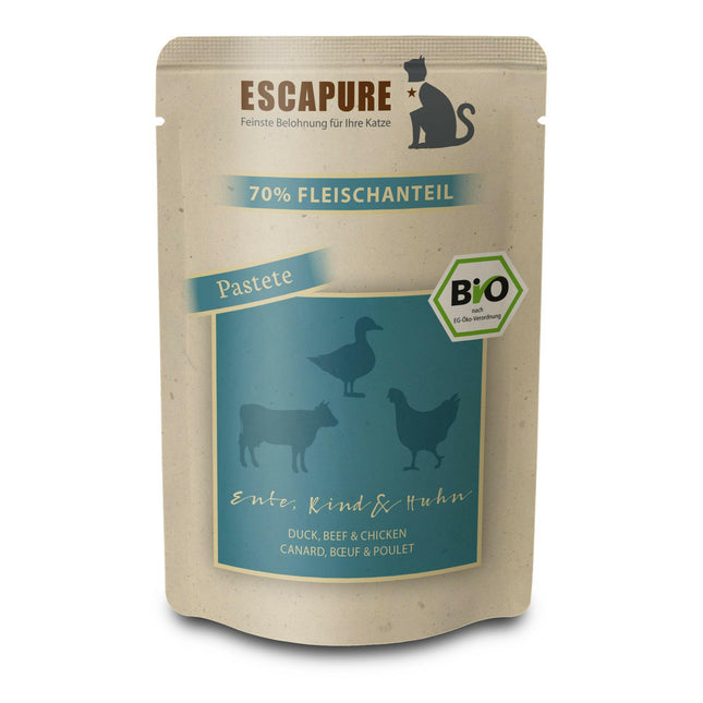 Escapure BIO Pâté Duck, Beef, and Chicken - grain-free organic wet food for cats, pâté made with duck, beef, and chicken.