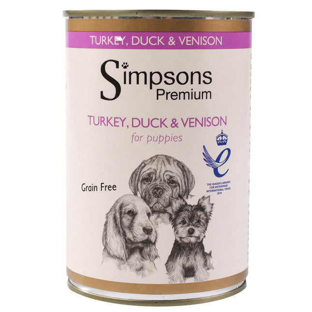 Simpsons Premium Puppy Turkey, Duck & Venison Casserole - wet food for puppies, with turkey, duck, venison, and vegetables, grain-free.