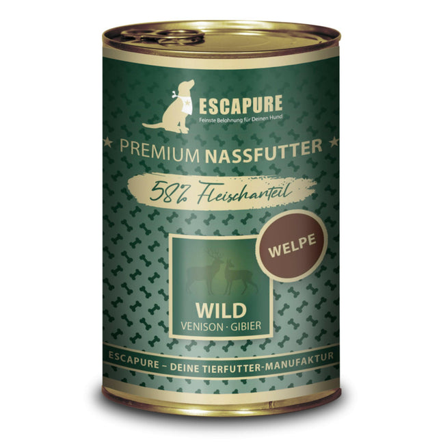 Escapure Puppy Wild - wet food for puppies, game meat and rabbit with vegetables and fruits.
