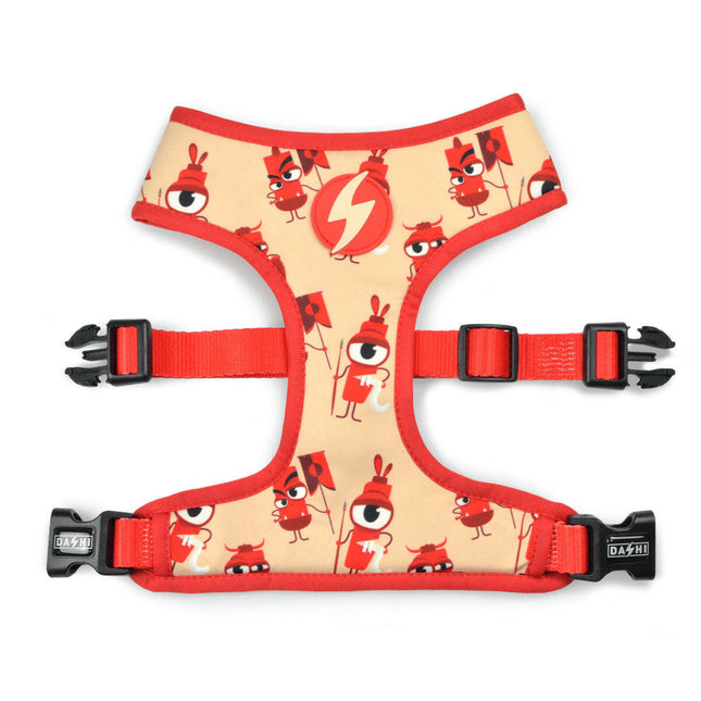 Dashi Tribes Neo Mesh Harness - slip-on, reversible dog harness made of neoprene, featuring a design with warrior creatures.