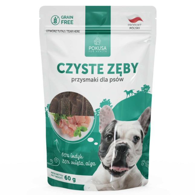 Pokusa Natural Clean Teeth - grain-free treats supporting dental health, turkey, mint, and algae.