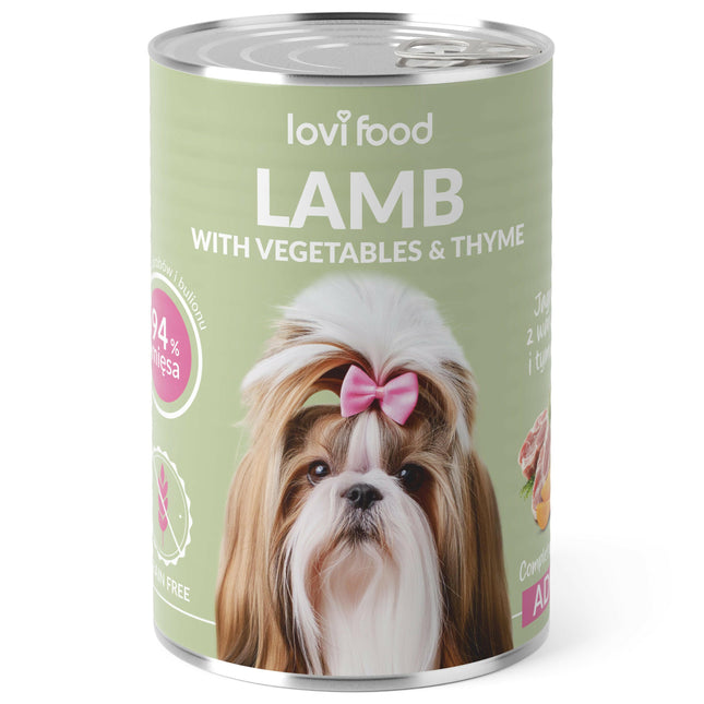 Lovi Food Lamb with Vegetables - wet dog food with lamb, vegetables, and thyme.