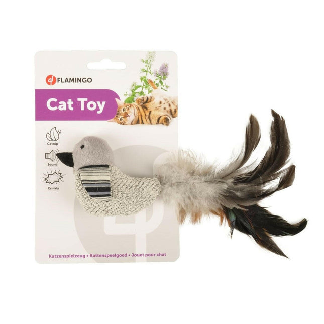 Flamingo Cat Pirin Bird - stylish bird toy for cats with a rattle, feathers, and catnip.