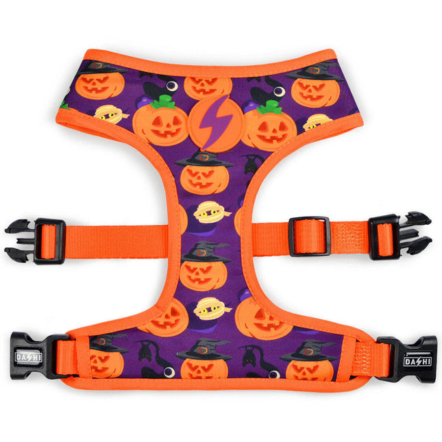 Dashi Pumpkin Neo Mesh Harness - no-pull, reversible dog harness with Halloween pumpkin pattern.