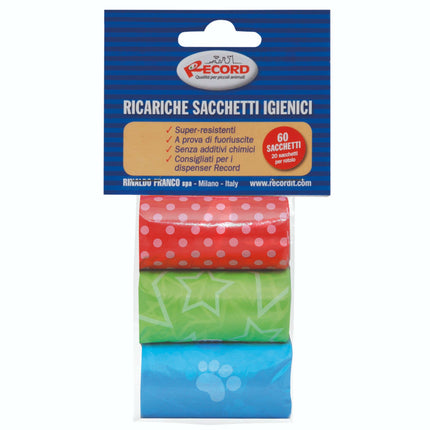 Record Poop Bags - set of colorful rolls (20 pieces each) of dog waste bags.
