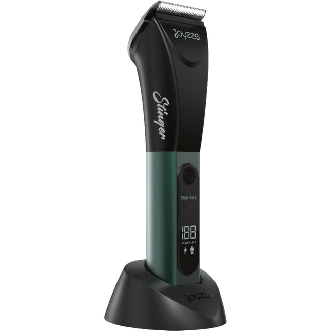 Joyzze Green Stinger 5-in-1 Clipper - wireless grooming clipper with adjustable blade and LCD display.