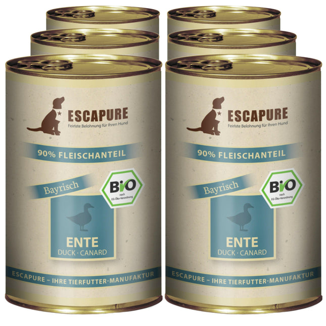 Escapure Duck Bio - organic wet food for dogs, duck, potatoes, and herbs.