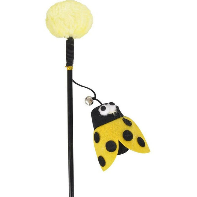 Flamingo Cat Dangler Happy Bug - cat wand with a ladybug, pom-pom, and bell.