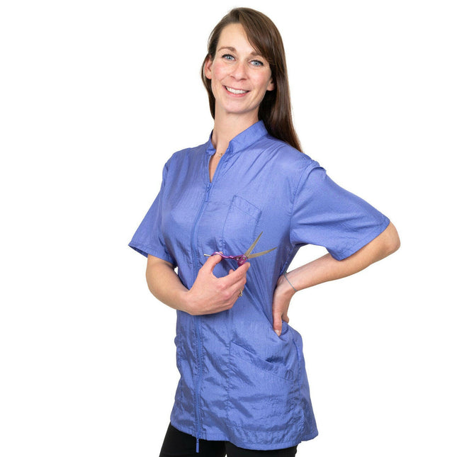 Tikima Lavezzi Shirt Purple - zip-up grooming shirt with short sleeves, featuring embroidery on the back, purple.