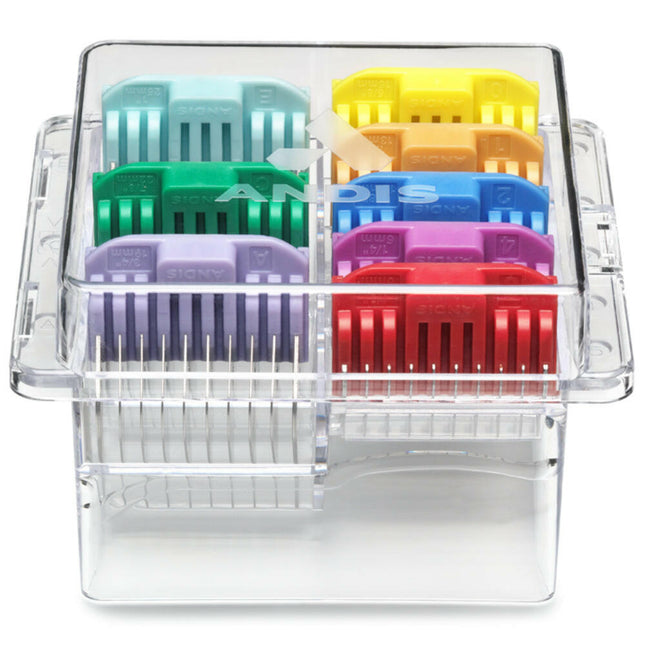 Andis Adjustable Blade Combs Set - distance comb attachments for Andis Vida/Pulse Li - 5, 5-in-1 blades, 8 pieces.