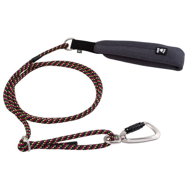 Hurtta Adjustable Rope Leash Eco Licorice - adjustable rope leash with a soft handle for dogs, featuring neon inserts..