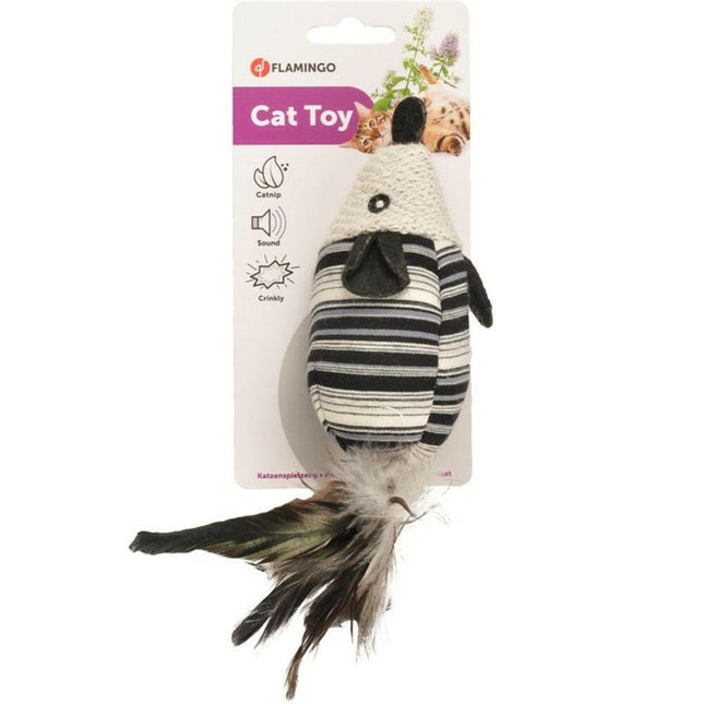 Flamingo Cat Pirin Rat - stylish little rat for cats with a rattle, feathers, and catnip.