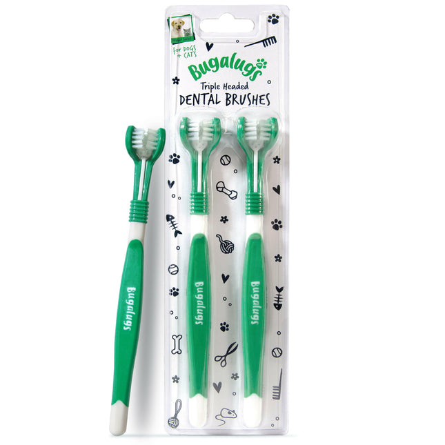 Bugalugs Triple Headed Dental Brushes 2pcs - Triple-sided toothbrush for dogs and cats.