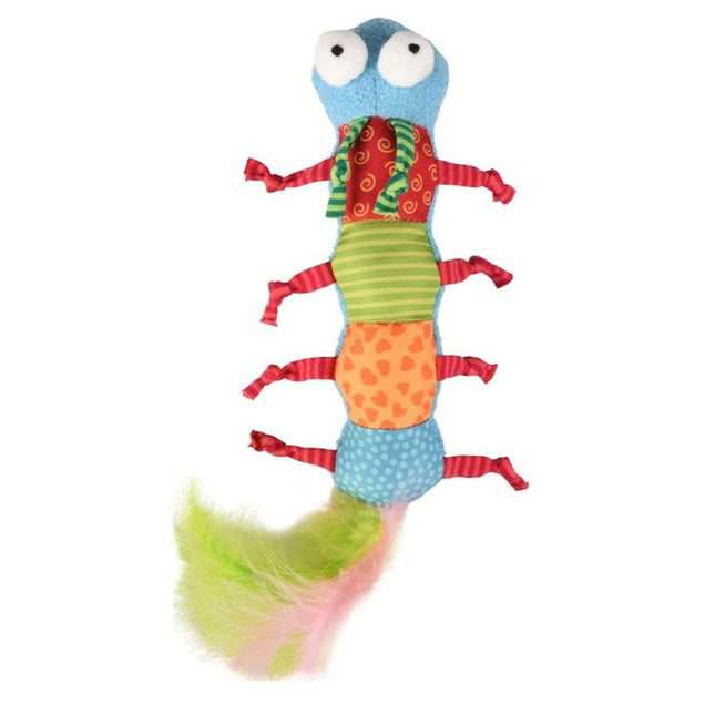 Flamingo Cat Yowly Caterpillar - long toy for cats, plush caterpillar with feathers and catnip.