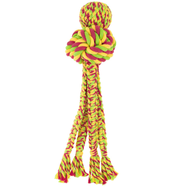 KONG Wubba Weaves with Rope - squeaky toy for dogs made of rope, with braided tails and a ball.