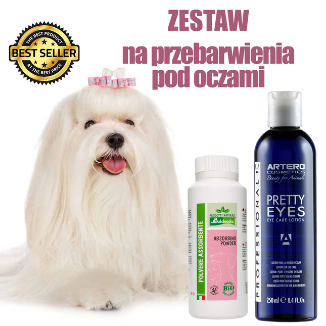 Artero Pretty Eyes + Baldecchi Absorbing Powder 90g - set for combating discoloration, for dogs.