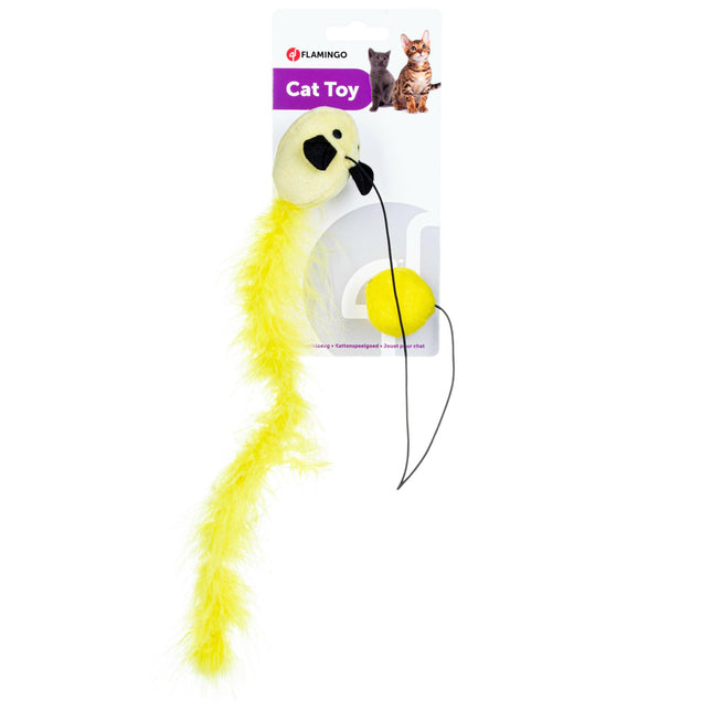 Flamingo Cat Mouse Ball - mouse toy with a ball for cats, featuring a boa feather tail, slightly crinkly.