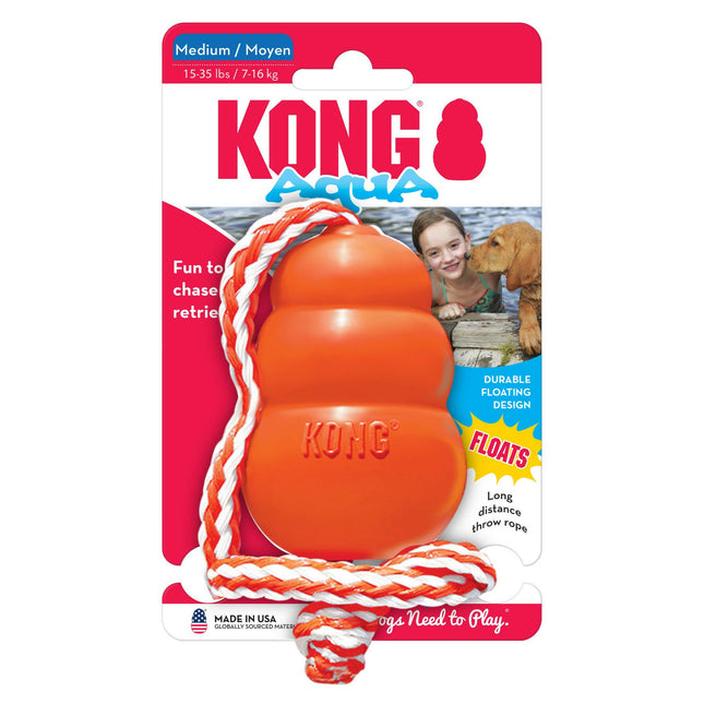 KONG Aqua - rubber, floating dog toy with rope, orange.