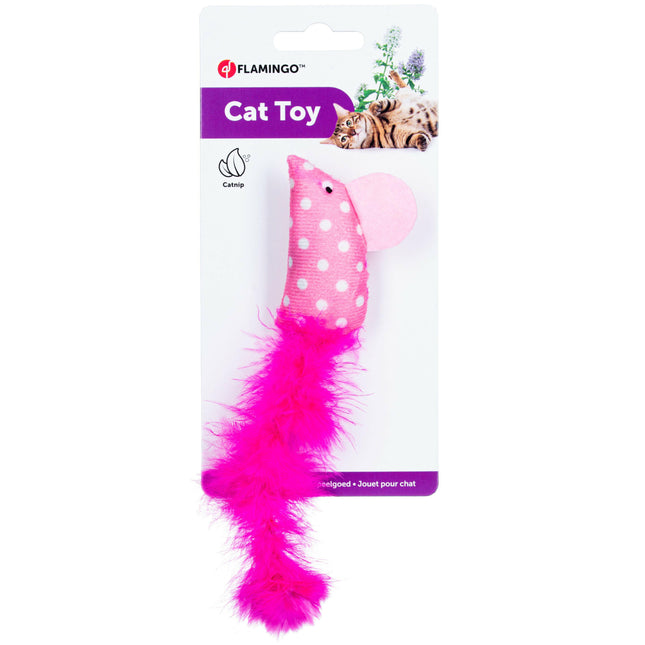 Flamingo Cat Polka Mouse - toy for cats with feathers, polka dot mouse with catnip.