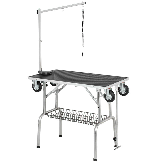 Blovi Grooming Table with Wheels, Arm, and Accessory Basket, Top.
