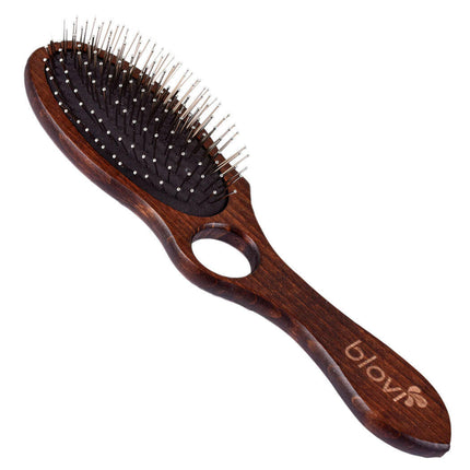 Blovi Wood Pin Brush - large wooden brush with a finger hole and a metal pin tipped with a ball.