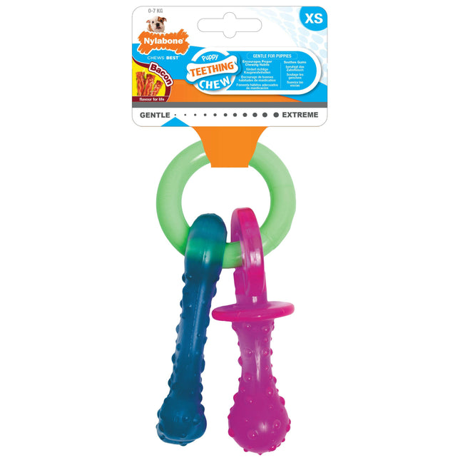 Nylabone Bacon Puppy Pacifier Chew - flexible chew toy for puppies, with a bacon scent.