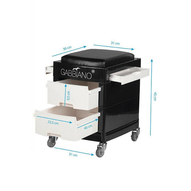 Gabbiano 16 - 1 - grooming assistant with seat, on wheels, drawers, side containers, black.