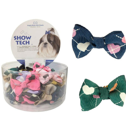 Show Tech Argyle Bows 50pcs - stylish, colorful bows on elastic bands for dogs.