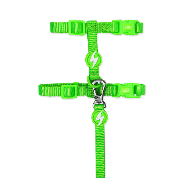 Dashi Neon Cat Harness + Leash - nylon harness and leash set for cats, neon green.