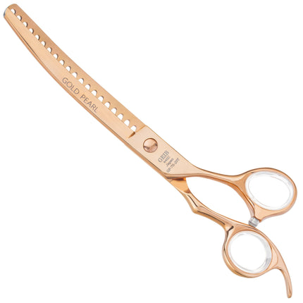 Geib Gold Pearl Curved Chunker 7.0 - single-sided curved thinning shears, 20 teeth, in an elegant gold color.
