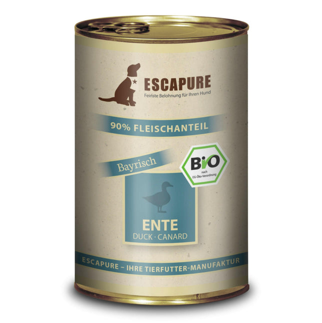 Escapure Duck Bio - organic wet food for dogs, duck, potatoes, and herbs.