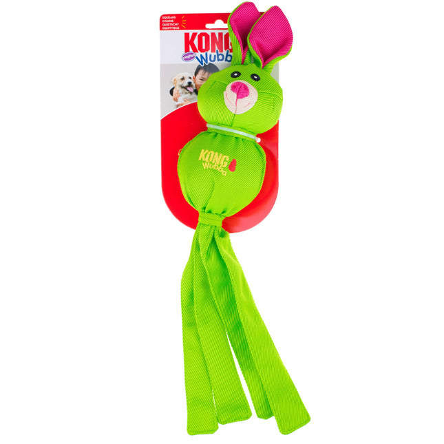 KONG Wubba Friends Ballistic Rabbit - dog tug toy with tails, ball inside, and squeaker.