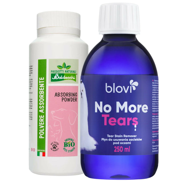 Baldecchi Absorbing Powder 90g + Blovi No More Tears - set for reducing tear stains and discoloration on fur.