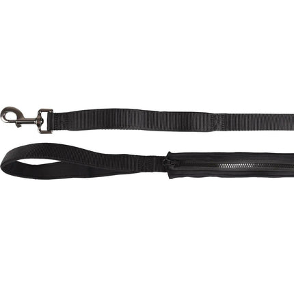 Flamingo Leash Kayga Black - nylon dog leash with flexible pouch and handles, black, 160cm/25mm.