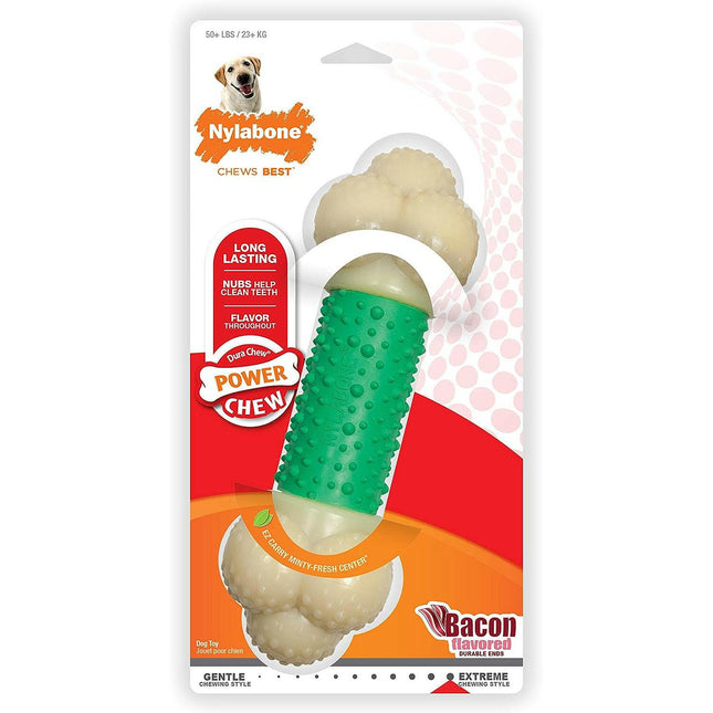 Nylabone Extreme Double Action Bacon - textured chew toy for dogs, flavored with bacon and mint.